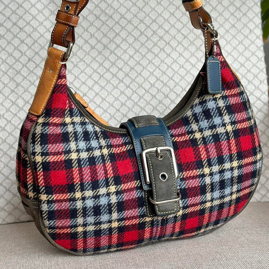 Coach Red and Blue Tartan Plaid Wool Hobo Shoulder...