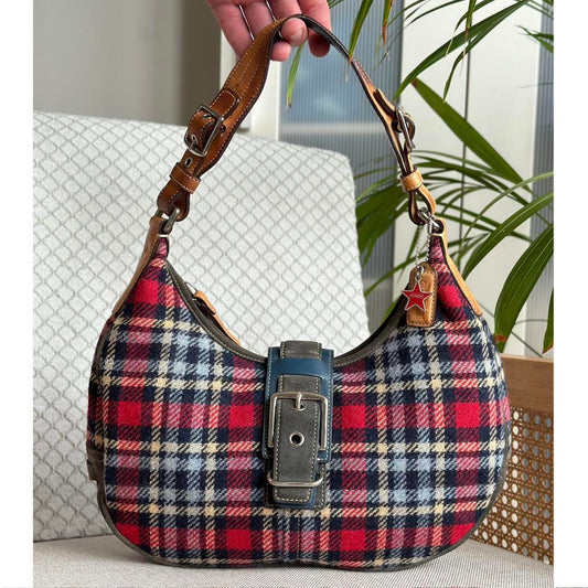 Coach Red and Blue Tartan Plaid Wool Hobo Shoulder...