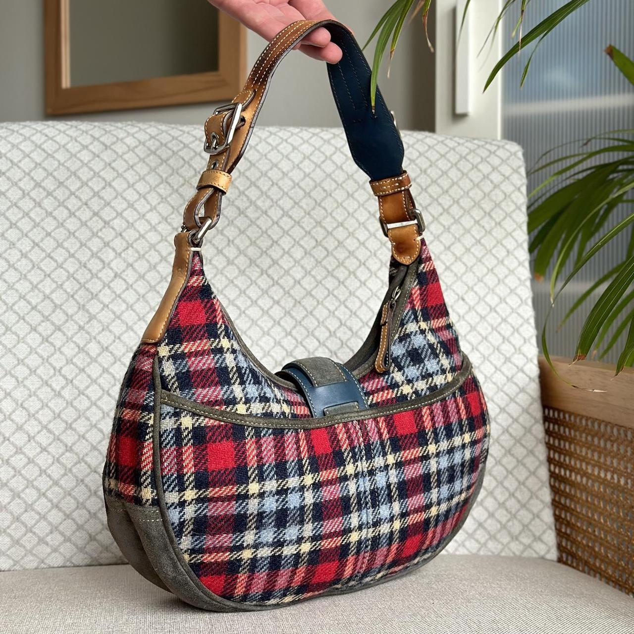 Coach Red and Blue Tartan Plaid Wool Hobo Shoulder...